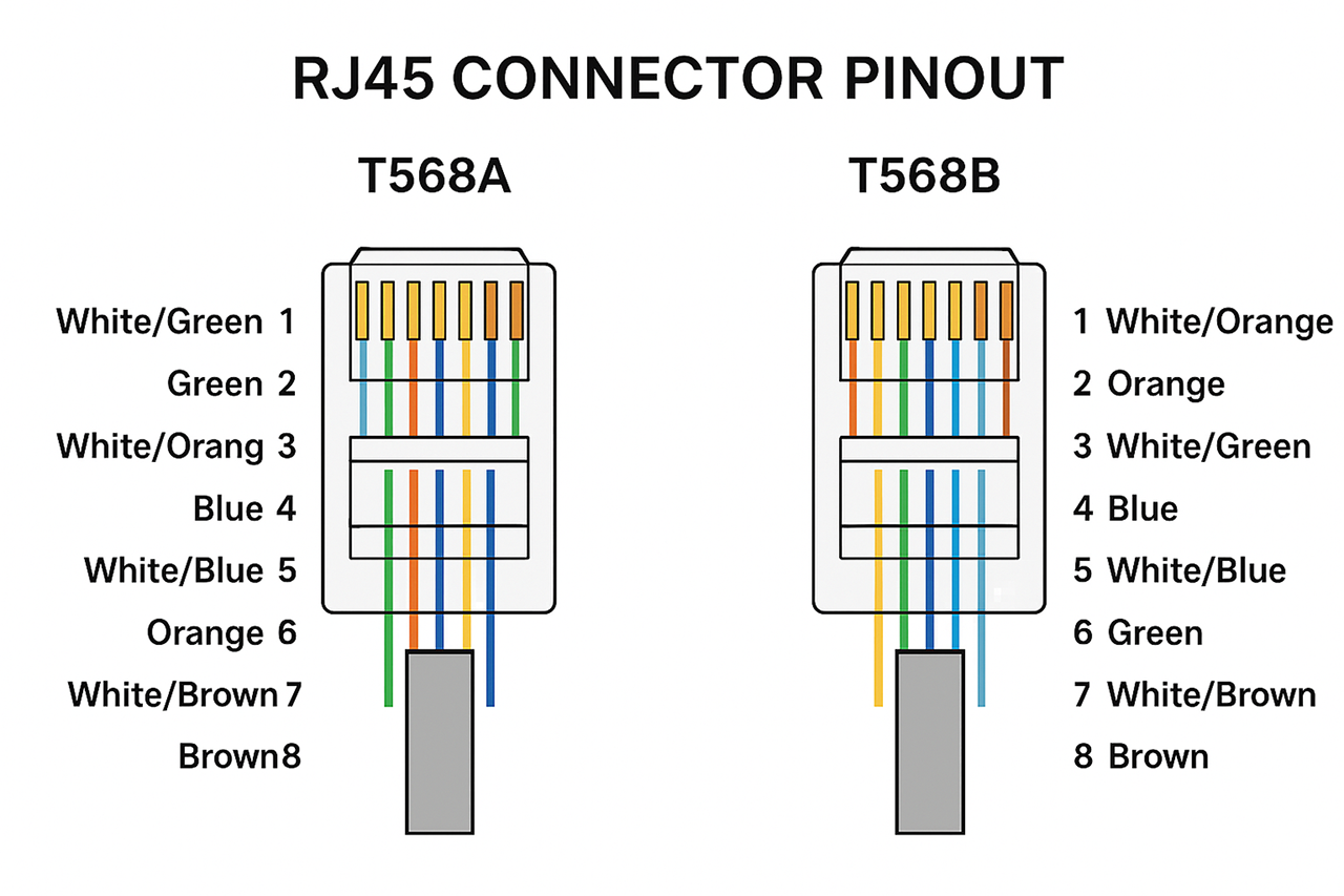 RJ45 Connector Pinout and Wiring Color Code (T568A & T568B Guide) - JIAXUN
